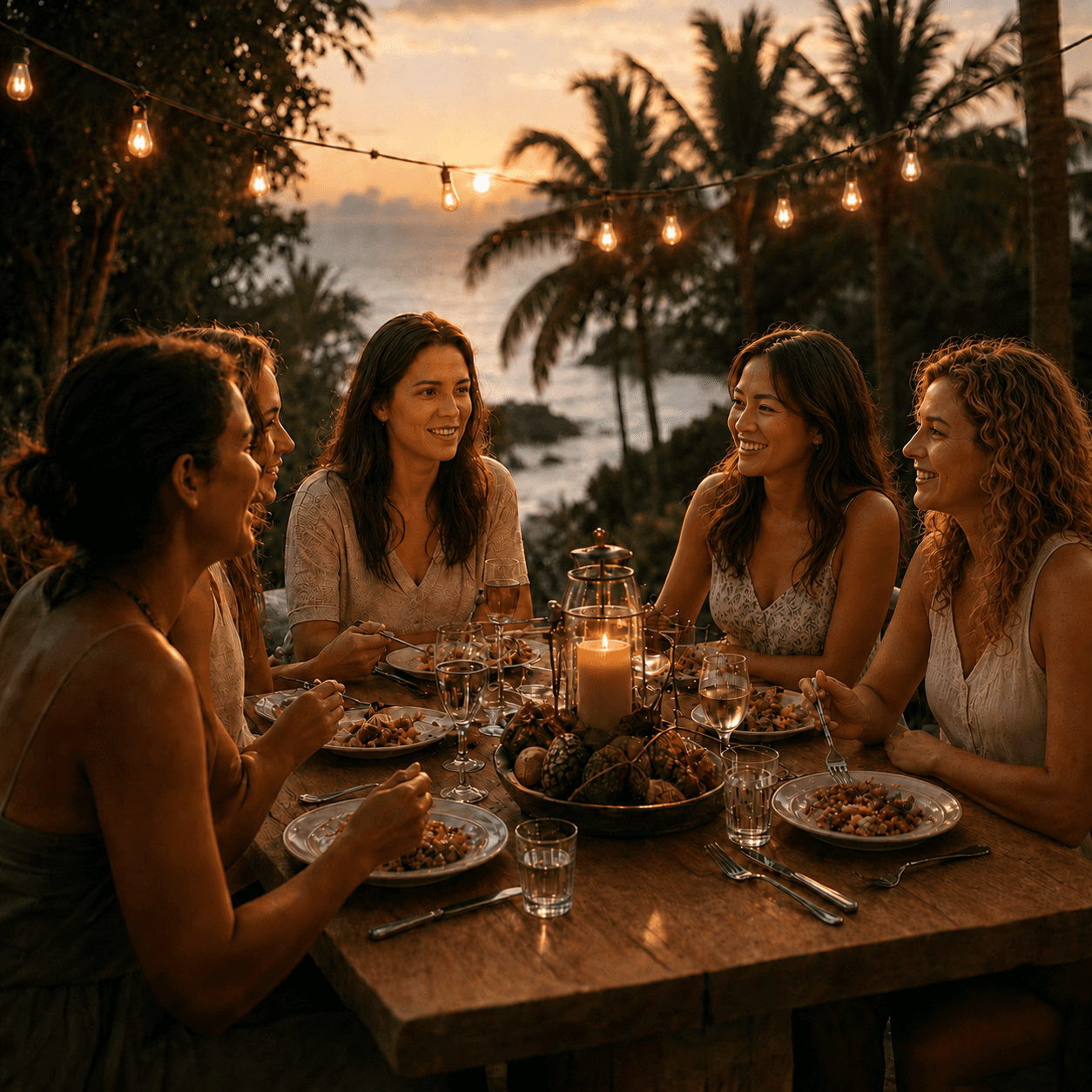 A small group of women laughing around a candlelit dinner table
