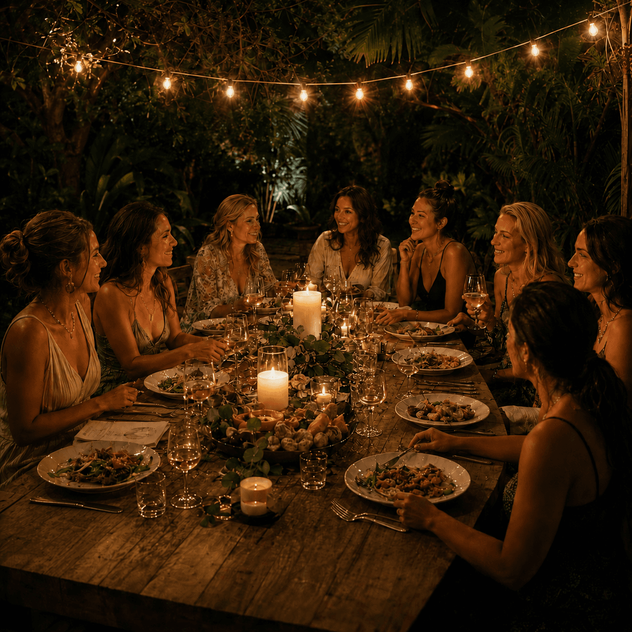 A long dinner table under string lights with friends gathered