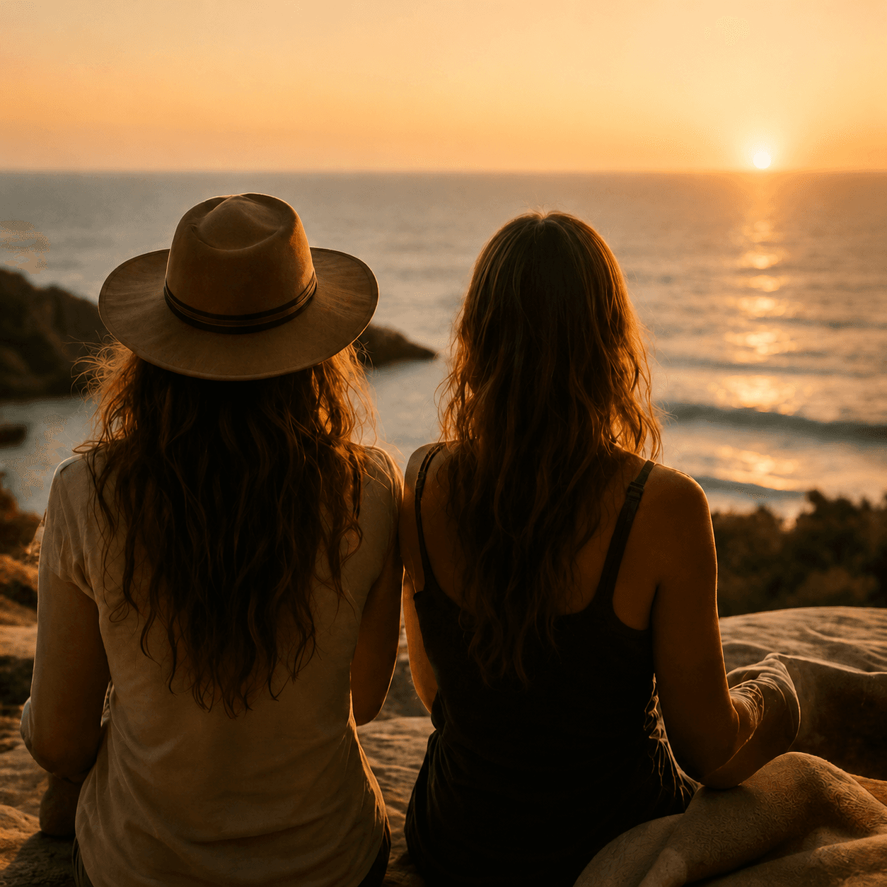Two friends sitting together watching the sunset over the ocean