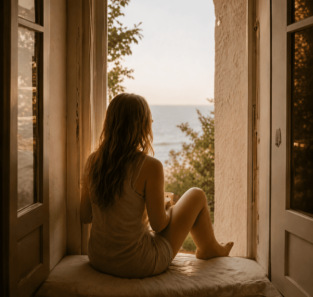 A woman watching the morning sea from an open doorway